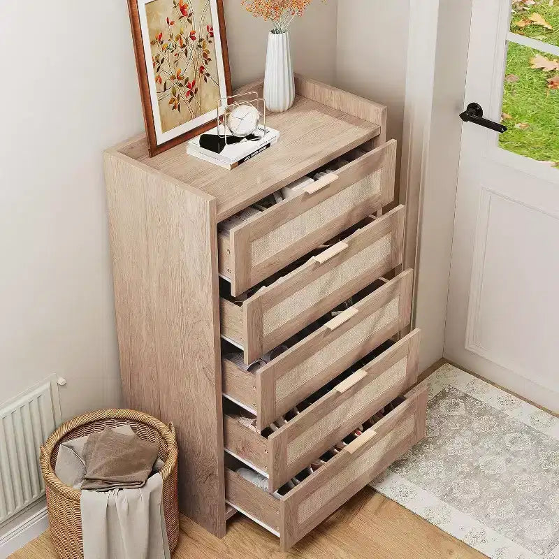 5 Drawer Dresser for Bedroom, Wooden Entryway Rattan Chest of Drawers Large Clothes Storage Cabinet Boho Night Stand
