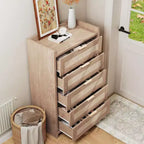 5 Drawer Dresser for Bedroom, Wooden Entryway Rattan Chest of Drawers Large Clothes Storage Cabinet Boho Night Stand