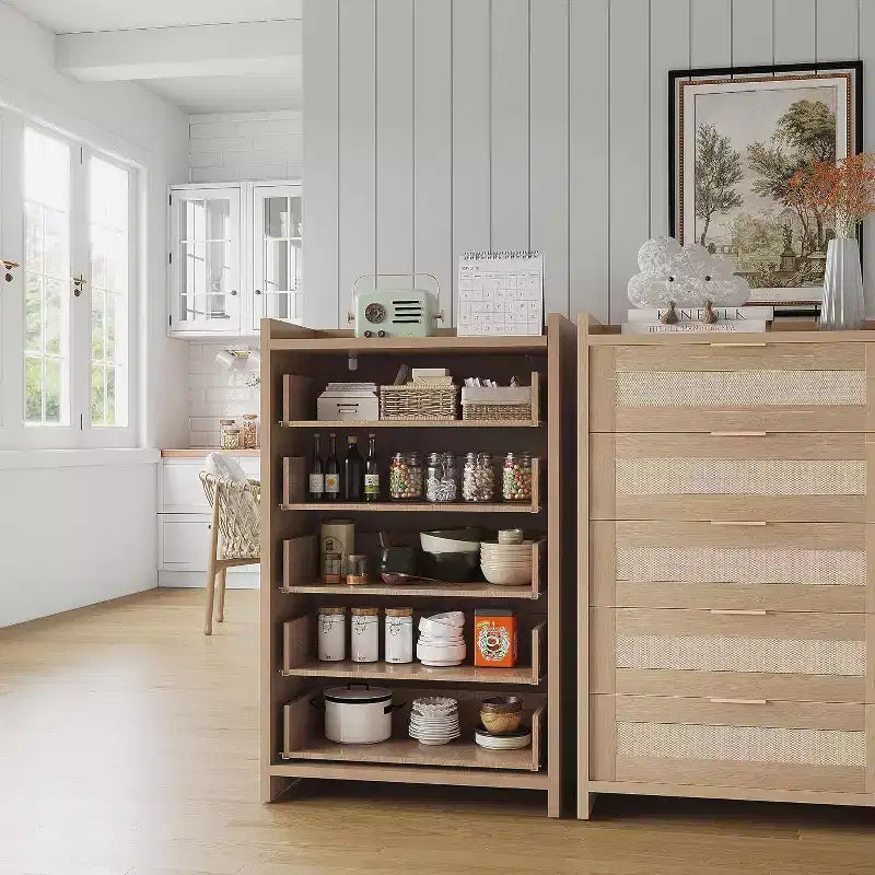 5 Drawer Dresser for Bedroom, Wooden Entryway Rattan Chest of Drawers Large Clothes Storage Cabinet Boho Night Stand