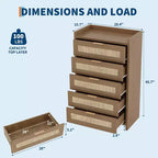 5 Drawer Dresser for Bedroom, Wooden Entryway Rattan Chest of Drawers Large Clothes Storage Cabinet Boho Night Stand