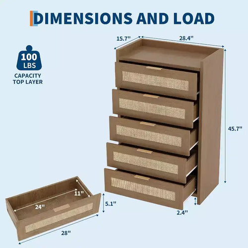5 Drawer Dresser for Bedroom, Wooden Entryway Rattan Chest of Drawers Large Clothes Storage Cabinet Boho Night Stand