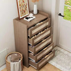 5 Drawer Dresser for Bedroom, Wooden Entryway Rattan Chest of Drawers Large Clothes Storage Cabinet Boho Night Stand
