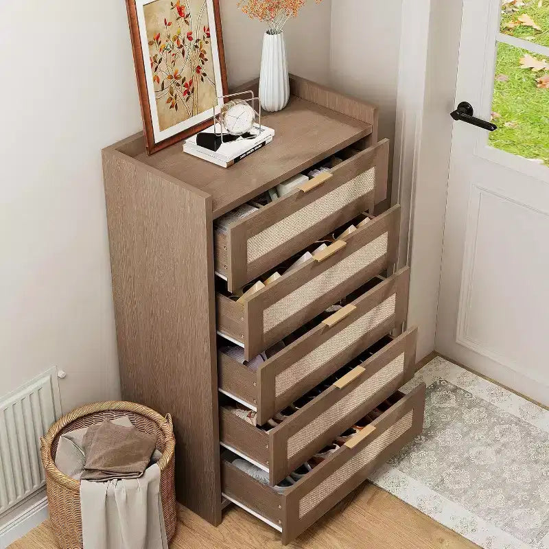 5 Drawer Dresser for Bedroom, Wooden Entryway Rattan Chest of Drawers Large Clothes Storage Cabinet Boho Night Stand