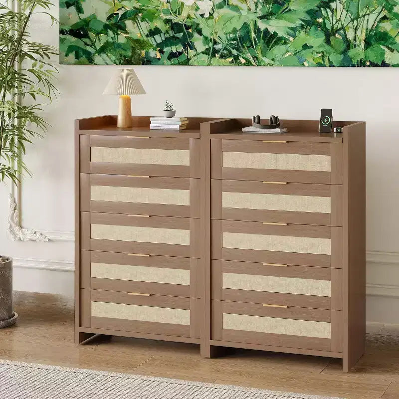 5 Drawer Dresser for Bedroom, Wooden Entryway Rattan Chest of Drawers Large Clothes Storage Cabinet Boho Night Stand