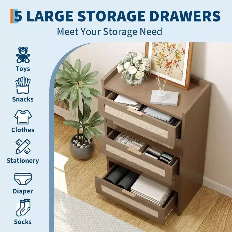 5 Drawer Dresser for Bedroom, Wooden Entryway Rattan Chest of Drawers Large Clothes Storage Cabinet Boho Night Stand