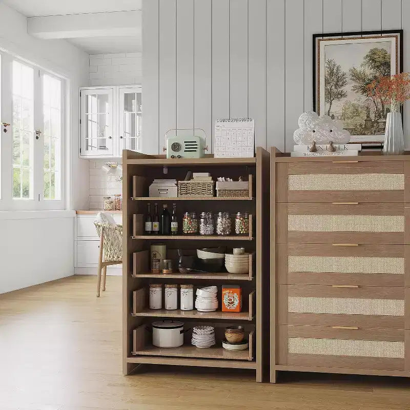 5 Drawer Dresser for Bedroom, Wooden Entryway Rattan Chest of Drawers Large Clothes Storage Cabinet Boho Night Stand