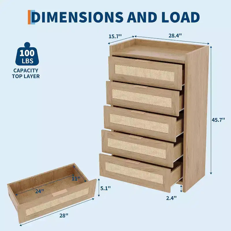 5 Drawer Dresser for Bedroom, Wooden Entryway Rattan Chest of Drawers Large Clothes Storage Cabinet Boho Night Stand