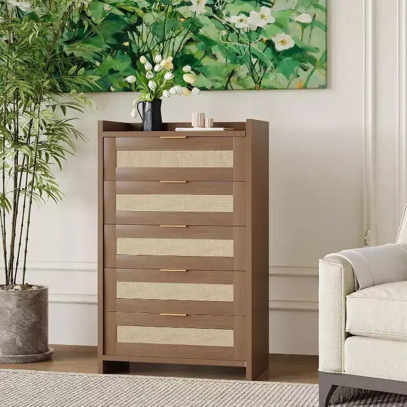 5 Drawer Dresser for Bedroom, Wooden Entryway Rattan Chest of Drawers Large Clothes Storage Cabinet Boho Night Stand
