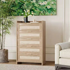 5 Drawer Dresser for Bedroom, Wooden Entryway Rattan Chest of Drawers Large Clothes Storage Cabinet Boho Night Stand