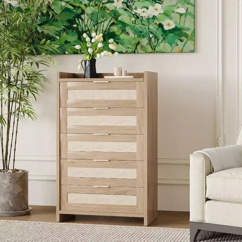 5 Drawer Dresser for Bedroom, Wooden Entryway Rattan Chest of Drawers Large Clothes Storage Cabinet Boho Night Stand