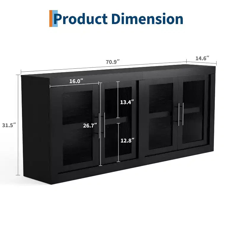 GustoWave Modern Accent Kitchen Sideboard Buffet Cabinet with 4 Glass Doors, Black