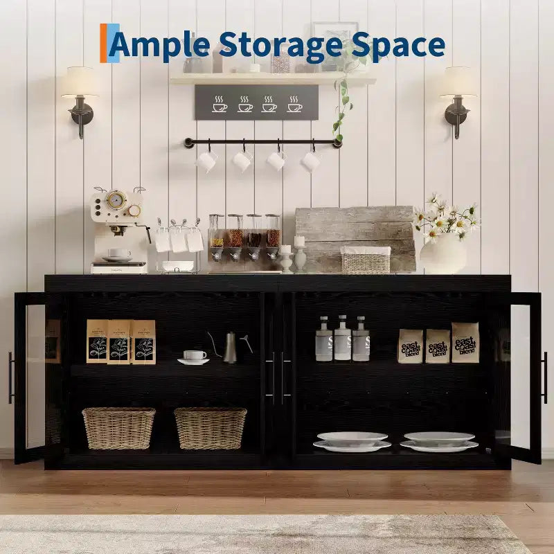 GustoWave Modern Accent Kitchen Sideboard Buffet Cabinet with 4 Glass Doors, Black