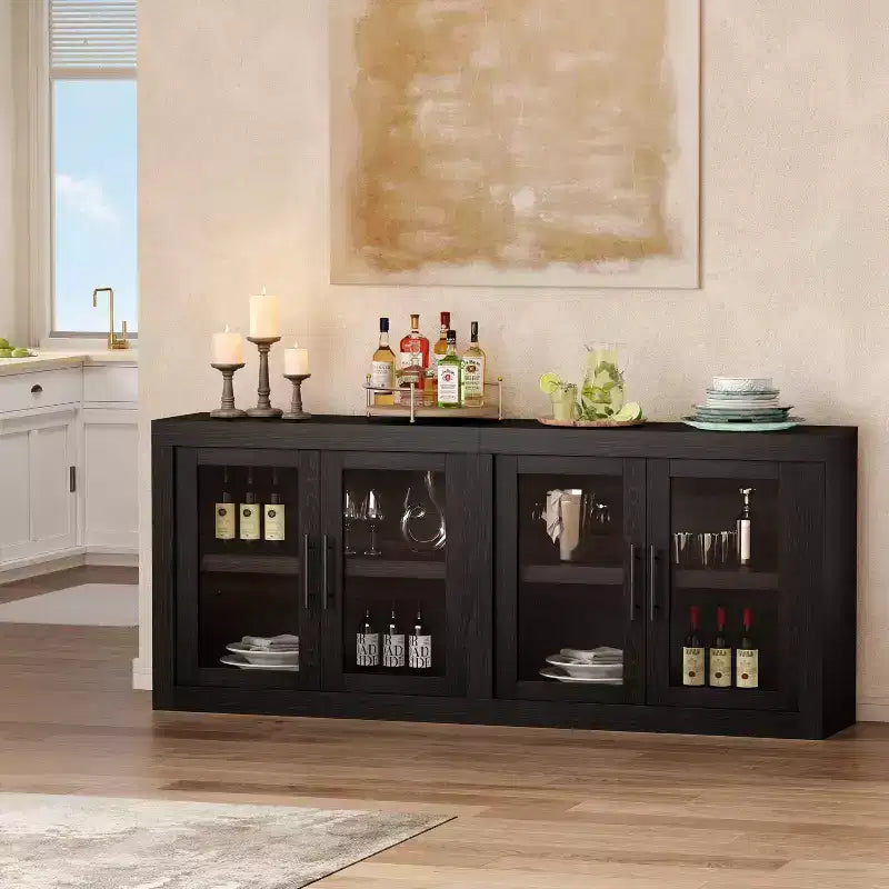 GustoWave Modern Accent Kitchen Sideboard Buffet Cabinet with 4 Glass Doors, Black