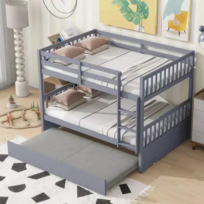 MAYEERTY Full Rubber Wood Bunk Bed with Trundle Ladder and Guardrails Cinvertible to 2 Full Beds Gray