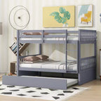 MAYEERTY Full Rubber Wood Bunk Bed with Trundle Ladder and Guardrails Cinvertible to 2 Full Beds Gray