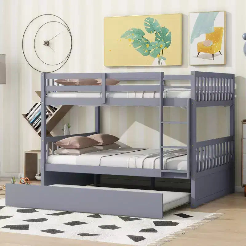 MAYEERTY Full Rubber Wood Bunk Bed with Trundle Ladder and Guardrails Cinvertible to 2 Full Beds Gray