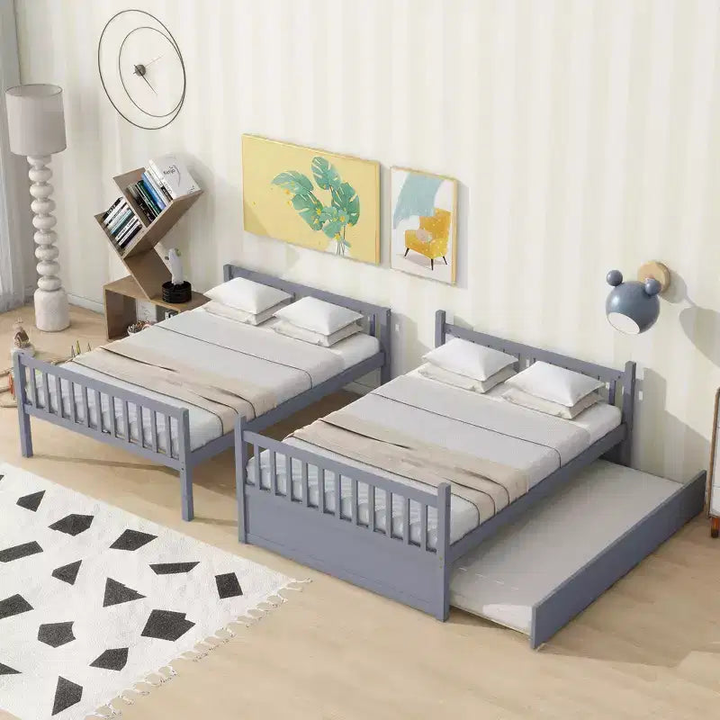 MAYEERTY Full Rubber Wood Bunk Bed with Trundle Ladder and Guardrails Cinvertible to 2 Full Beds Gray