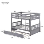MAYEERTY Full Rubber Wood Bunk Bed with Trundle Ladder and Guardrails Cinvertible to 2 Full Beds Gray