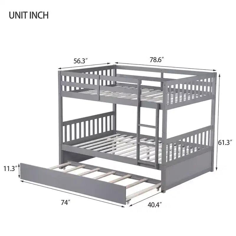 MAYEERTY Full Rubber Wood Bunk Bed with Trundle Ladder and Guardrails Cinvertible to 2 Full Beds Gray