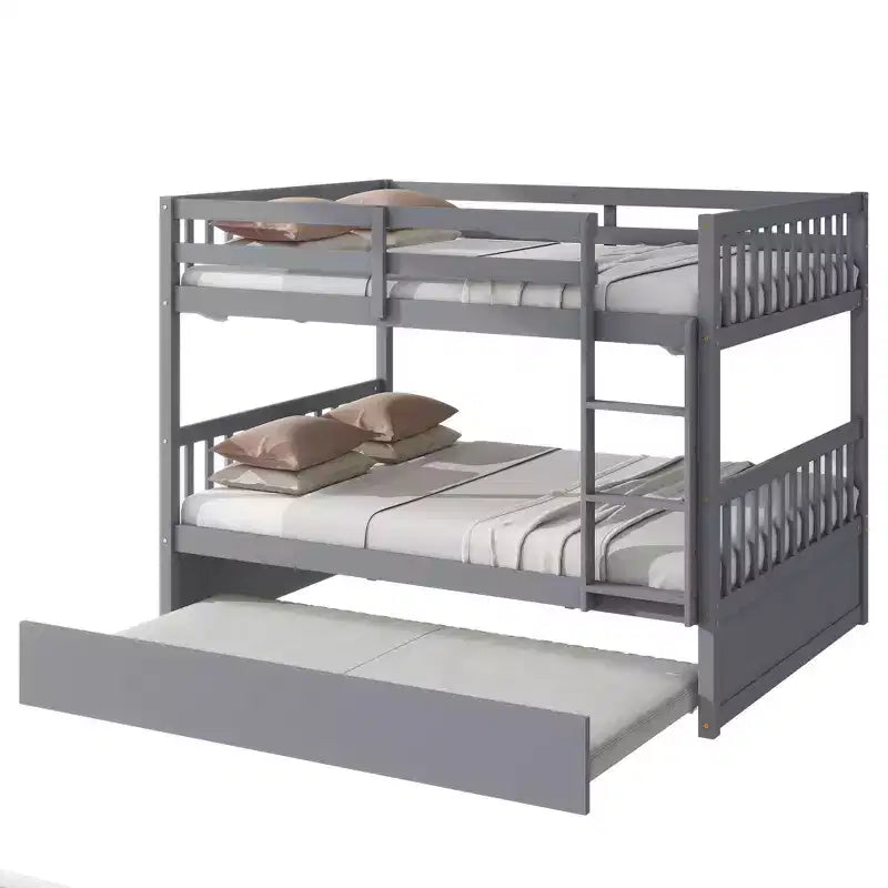 MAYEERTY Full Rubber Wood Bunk Bed with Trundle Ladder and Guardrails Cinvertible to 2 Full Beds Gray