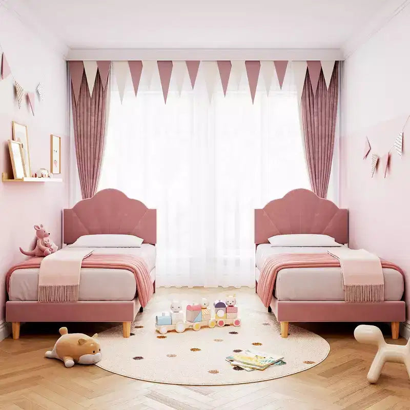 COZONY Twin Pink Velvet Upholstered Bed Frame, Adjustable Headboard, Wood Slat & Metal Support, No Box Spring Needed