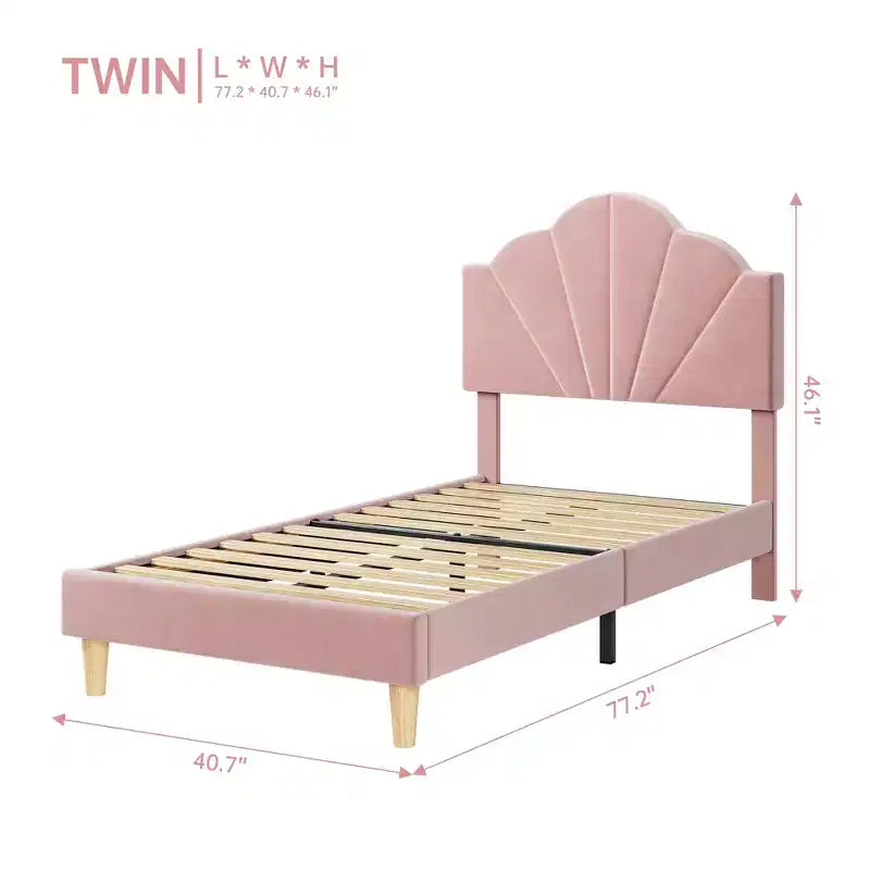 COZONY Twin Pink Velvet Upholstered Bed Frame, Adjustable Headboard, Wood Slat & Metal Support, No Box Spring Needed