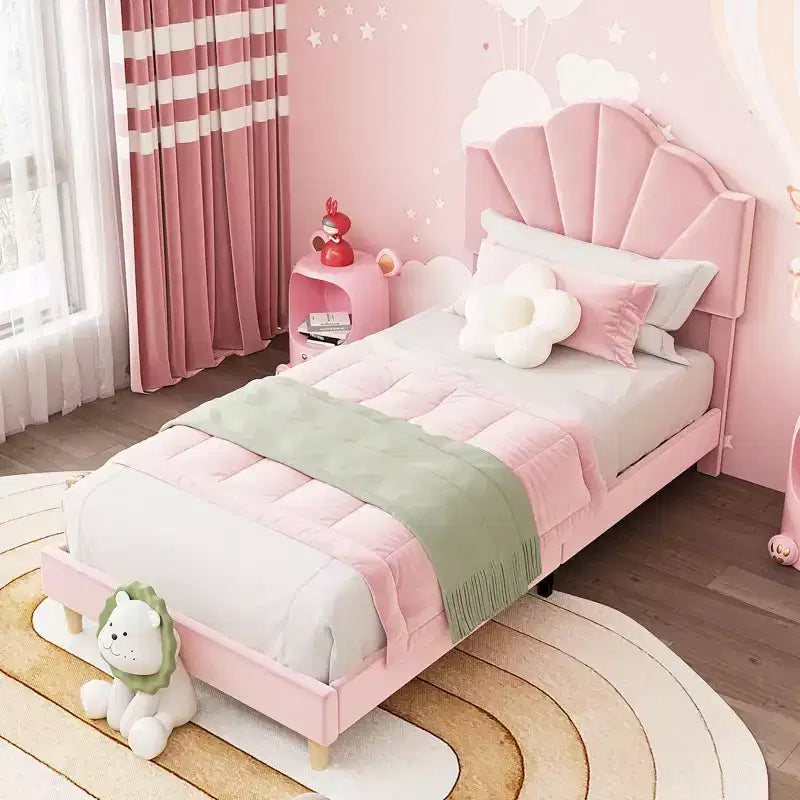 COZONY Twin Pink Velvet Upholstered Bed Frame, Adjustable Headboard, Wood Slat & Metal Support, No Box Spring Needed