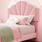 COZONY Twin Pink Velvet Upholstered Bed Frame, Adjustable Headboard, Wood Slat & Metal Support, No Box Spring Needed