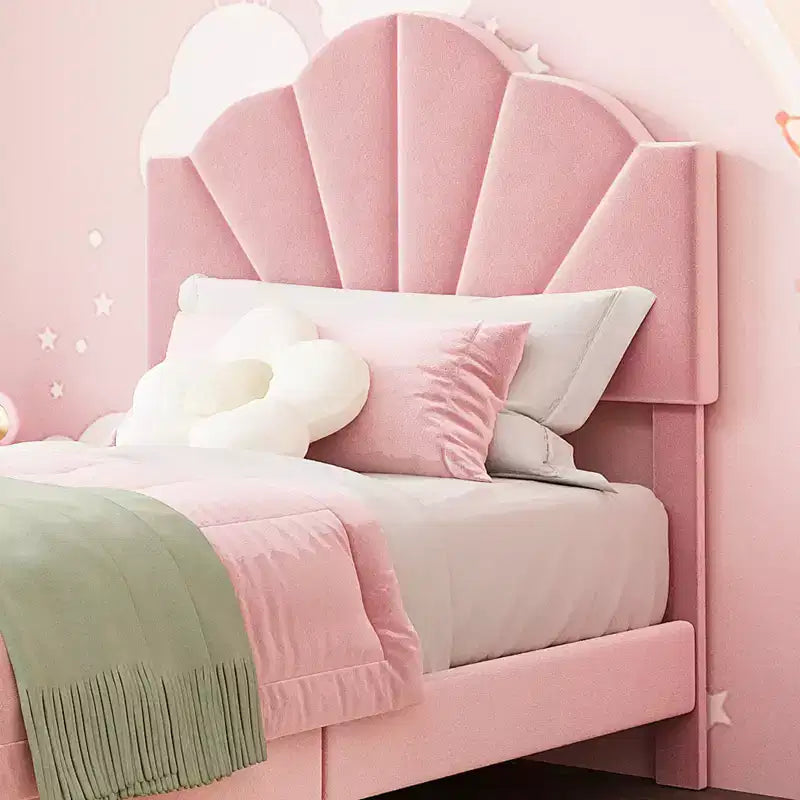 COZONY Twin Pink Velvet Upholstered Bed Frame, Adjustable Headboard, Wood Slat & Metal Support, No Box Spring Needed