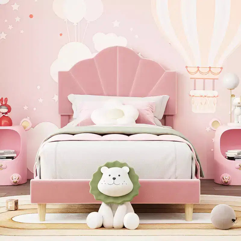 COZONY Twin Pink Velvet Upholstered Bed Frame, Adjustable Headboard, Wood Slat & Metal Support, No Box Spring Needed