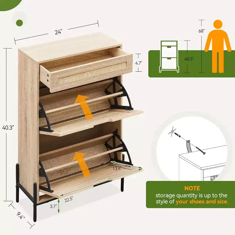 Rattan Shoe Storage Cabinet with 2 Flip Drawers Hidden Slim Shoe Organizer for Entryway, Farmhouse Boho Narrow Shoe Rack