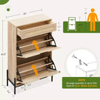 Rattan Shoe Storage Cabinet with 2 Flip Drawers Hidden Slim Shoe Organizer for Entryway, Farmhouse Boho Narrow Shoe Rack