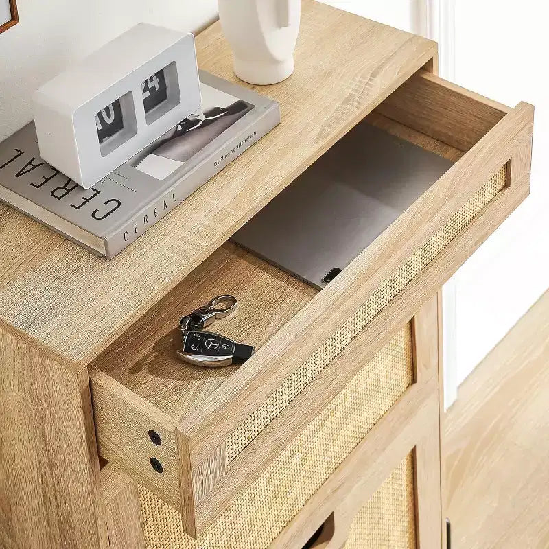 Rattan Shoe Storage Cabinet with 2 Flip Drawers Hidden Slim Shoe Organizer for Entryway, Farmhouse Boho Narrow Shoe Rack