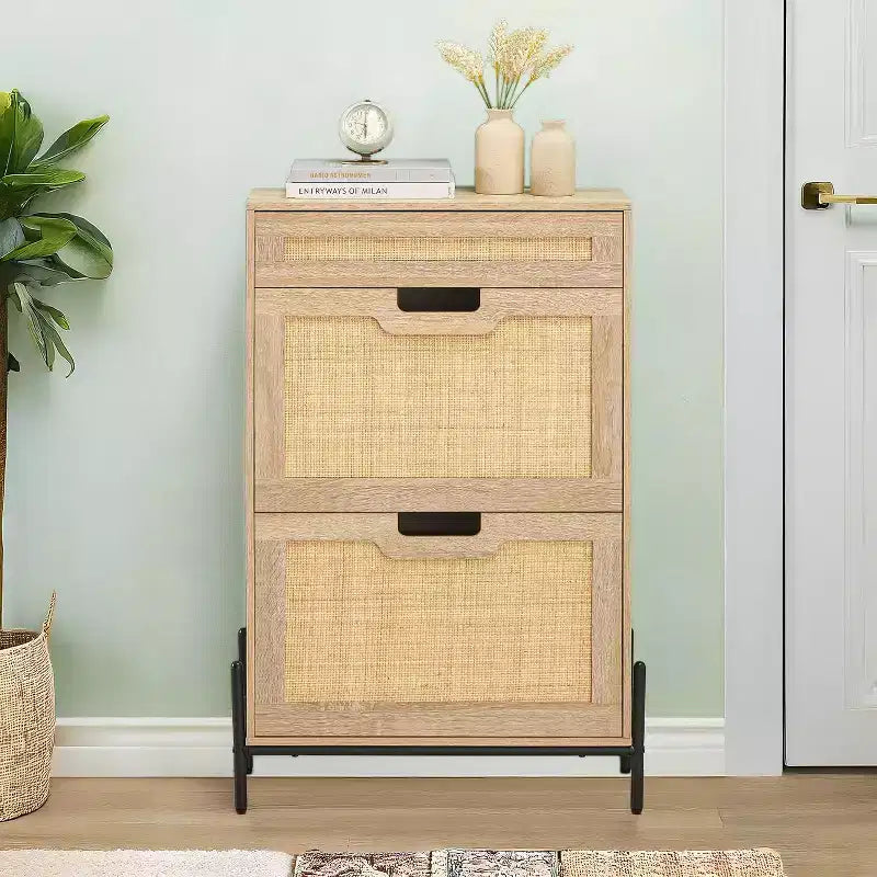 Rattan Shoe Storage Cabinet with 2 Flip Drawers Hidden Slim Shoe Organizer for Entryway, Farmhouse Boho Narrow Shoe Rack