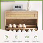 Rattan Shoe Storage Cabinet with 2 Flip Drawers Hidden Slim Shoe Organizer for Entryway, Farmhouse Boho Narrow Shoe Rack