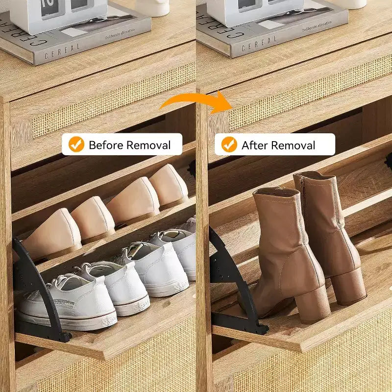 Rattan Shoe Storage Cabinet with 2 Flip Drawers Hidden Slim Shoe Organizer for Entryway, Farmhouse Boho Narrow Shoe Rack
