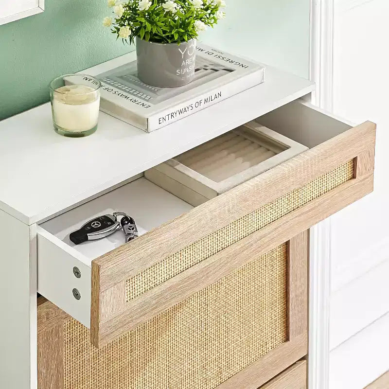 Rattan Shoe Storage Cabinet with 2 Flip Drawers Hidden Slim Shoe Organizer for Entryway, Farmhouse Boho Narrow Shoe Rack