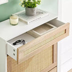 Rattan Shoe Storage Cabinet with 2 Flip Drawers Hidden Slim Shoe Organizer for Entryway, Farmhouse Boho Narrow Shoe Rack