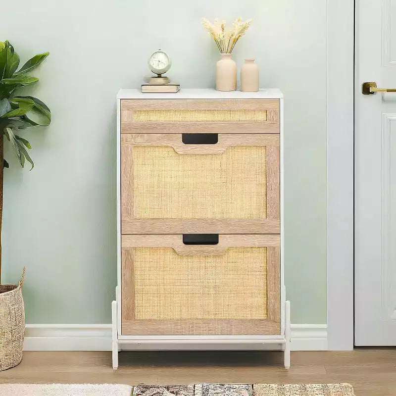 Rattan Shoe Storage Cabinet with 2 Flip Drawers Hidden Slim Shoe Organizer for Entryway, Farmhouse Boho Narrow Shoe Rack