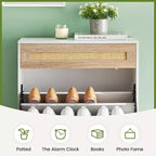 Rattan Shoe Storage Cabinet with 2 Flip Drawers Hidden Slim Shoe Organizer for Entryway, Farmhouse Boho Narrow Shoe Rack