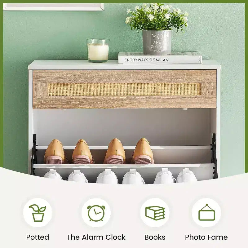 Rattan Shoe Storage Cabinet with 2 Flip Drawers Hidden Slim Shoe Organizer for Entryway, Farmhouse Boho Narrow Shoe Rack