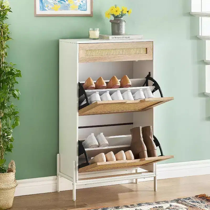 Rattan Shoe Storage Cabinet with 2 Flip Drawers Hidden Slim Shoe Organizer for Entryway, Farmhouse Boho Narrow Shoe Rack