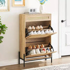 Rattan Shoe Storage Cabinet with 2 Flip Drawers Hidden Slim Shoe Organizer for Entryway, Farmhouse Boho Narrow Shoe Rack