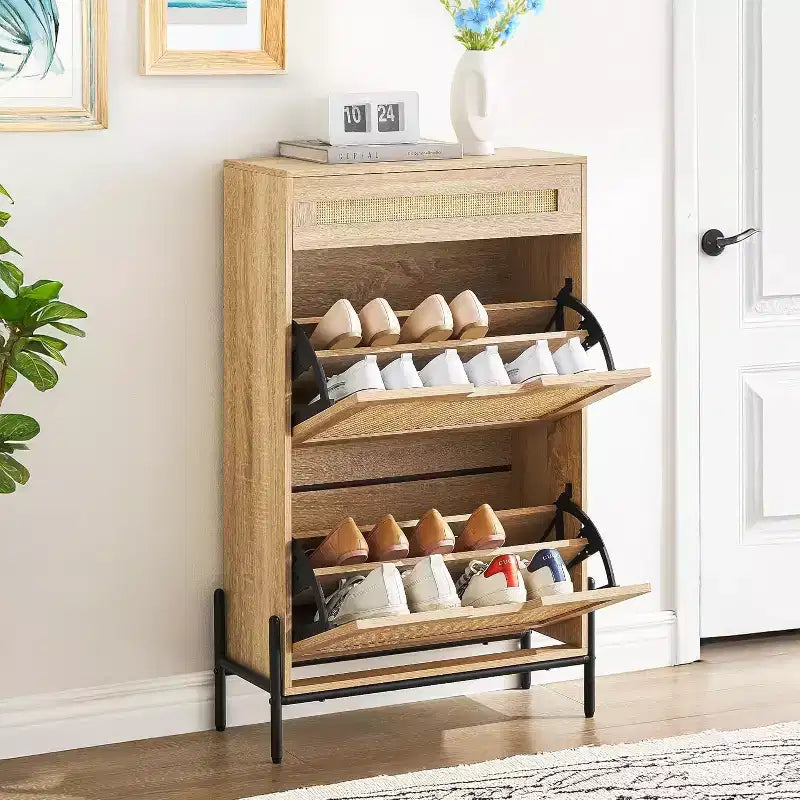 Rattan Shoe Storage Cabinet with 2 Flip Drawers Hidden Slim Shoe Organizer for Entryway, Farmhouse Boho Narrow Shoe Rack
