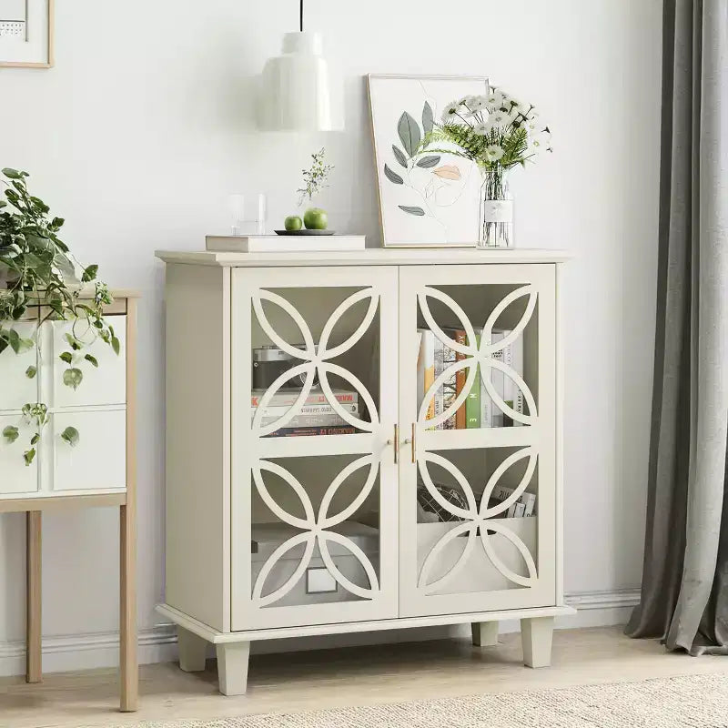 JVNOXK Modern Vintage Sideboard Double-Door Storage Cabinet, Freestanding Bathroom Vanity with Tempered Glass Doors, Cream