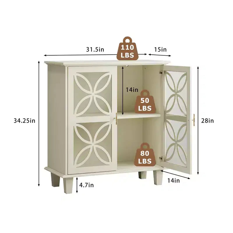 JVNOXK Modern Vintage Sideboard Double-Door Storage Cabinet, Freestanding Bathroom Vanity with Tempered Glass Doors, Cream