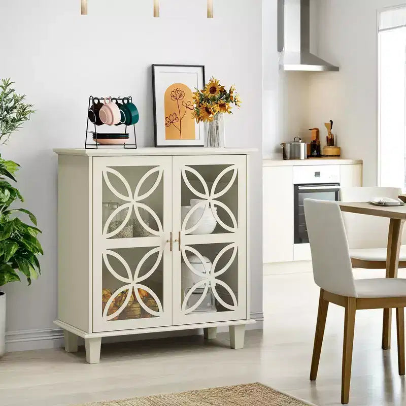 JVNOXK Modern Vintage Sideboard Double-Door Storage Cabinet, Freestanding Bathroom Vanity with Tempered Glass Doors, Cream