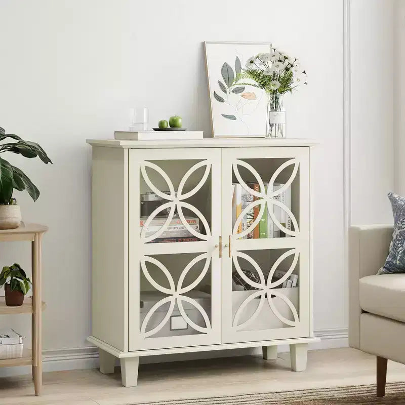 JVNOXK Modern Vintage Sideboard Double-Door Storage Cabinet, Freestanding Bathroom Vanity with Tempered Glass Doors, Cream