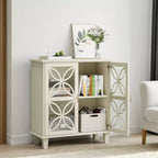 JVNOXK Modern Vintage Sideboard Double-Door Storage Cabinet, Freestanding Bathroom Vanity with Tempered Glass Doors, Cream
