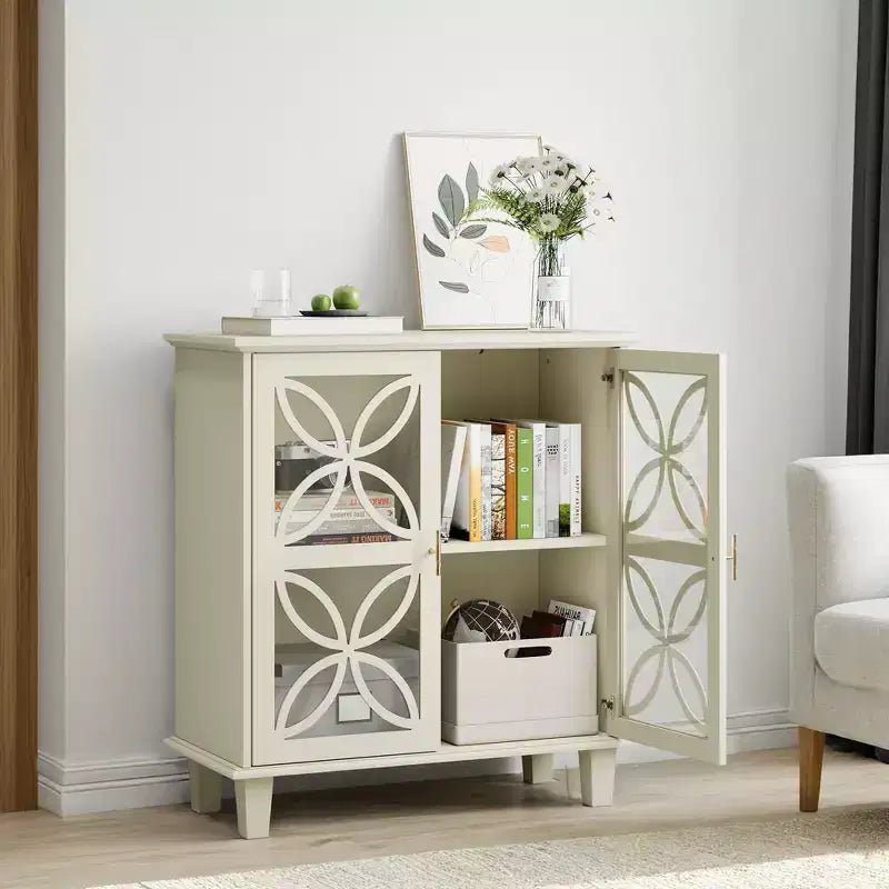 JVNOXK Modern Vintage Sideboard Double-Door Storage Cabinet, Freestanding Bathroom Vanity with Tempered Glass Doors, Cream